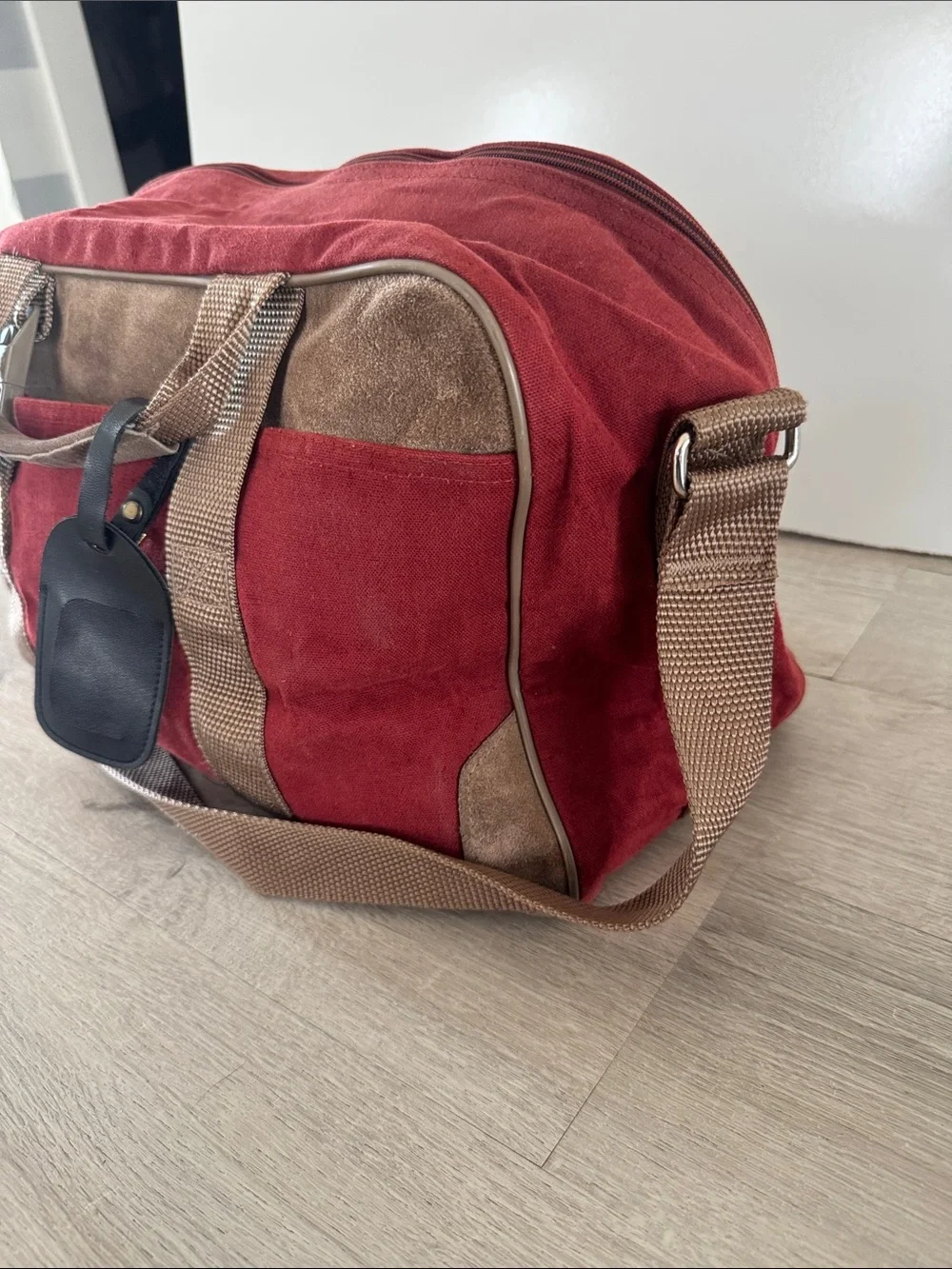Vintage Athalon Denver USA Red Canvas Bag Tan Leather Suede Trim Duffle Travel